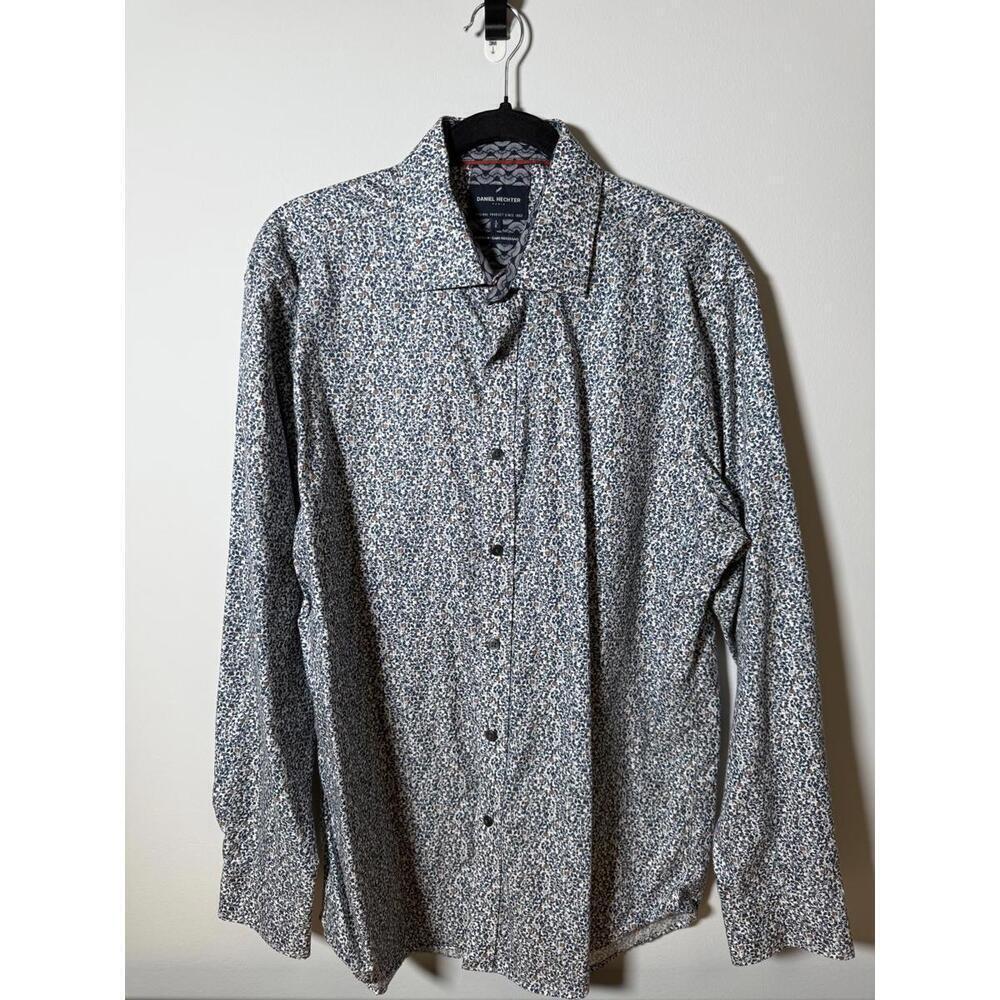 Daniel Hechter Paris Floral Print Shirt Men’s L – Blue & Brown Non-Iron Cotton